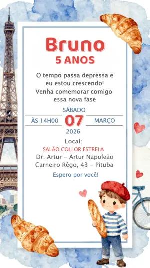 Convite Digital Aniversário Menino Tema Paris para Editar