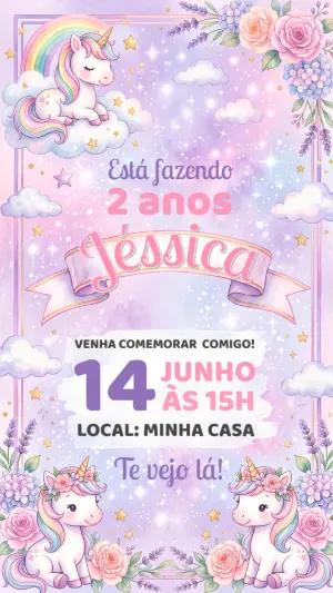Convite de Aniversário Unicórnio Mágico Aquarela Editável