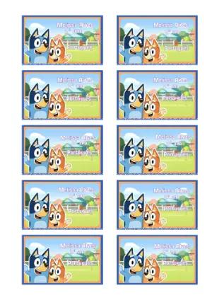 Etiqueta Escolar Bluey e Bingo Editável para Imprimir
