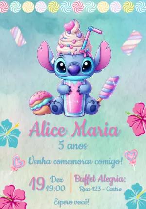 Convite de Aniversário Stitch Candy Fofo e Colorido para Editar