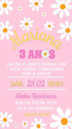 Convite Aniversário Menina Tema Margaridas Rosa Editável