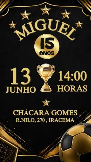 Convite de Aniversário Futebol Preto e Dourado Editável