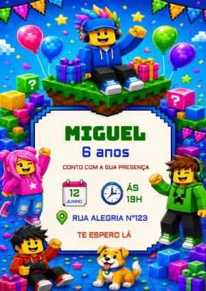 Convite de Aniversário Roblox: Modelo Gamer Editável Online