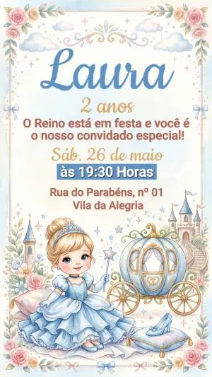 Convite de Aniversário Cinderela Princesa Aquarela Editável