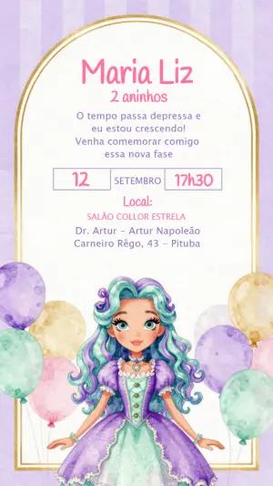 Convite de Aniversário Princesa Aquarela Lilás para Editar