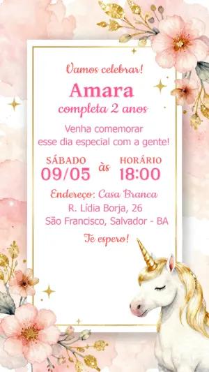 Convite de Aniversário Unicórnio Aquarela Rosa para Editar