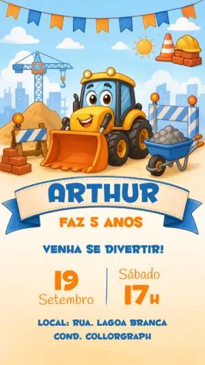 Convite de Aniversário Trator Construção Editável