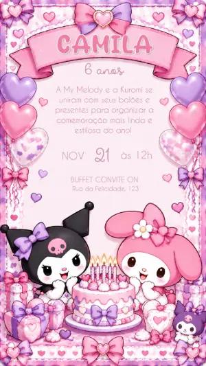 Convite de Aniversário My Melody e Kuromi Editável