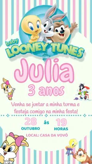 Convite de Aniversário Baby Looney Tunes Rosa Modelo Editável