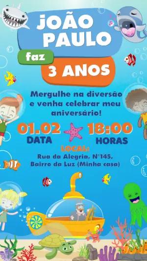 Convite de Aniversário Fundo do Mar Bita Modelo Editável