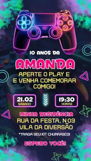 Convite de Aniversário Gamer Neon Editável para Celular