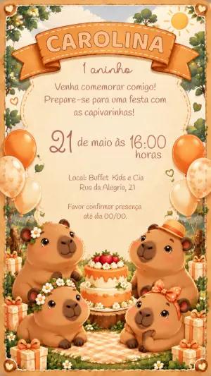 Convite de Aniversário Capivara Editável para Festa Infantil