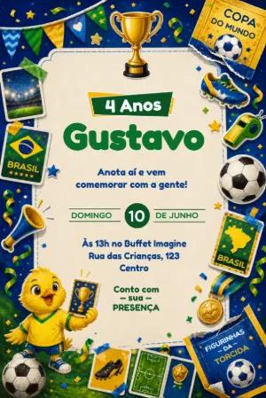 Convite de Aniversário Futebol Copa do Mundo Brasil Editável