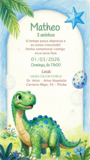 Convite Animado Dinossauro Fofo para Aniversário Infantil Editável