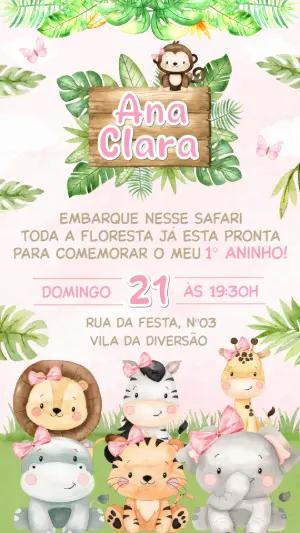 Convite de Aniversário Safari Menina Aquarela Editável