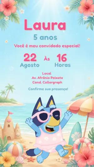 Convite de Aniversário Bluey na Praia Modelo Editável