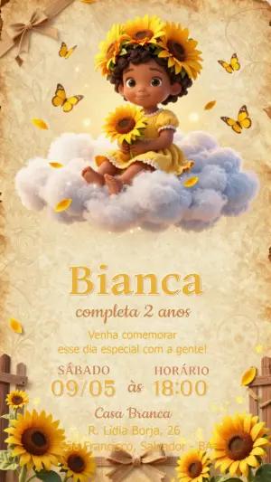 Convite de Aniversário Girassol Menina Morena Editável