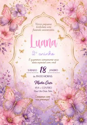 Convite Editável Aniversário Borboletas Aquarela Lilás