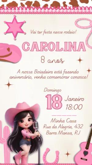 Convite Aniversário Boiadeira Rosa para Editar Online