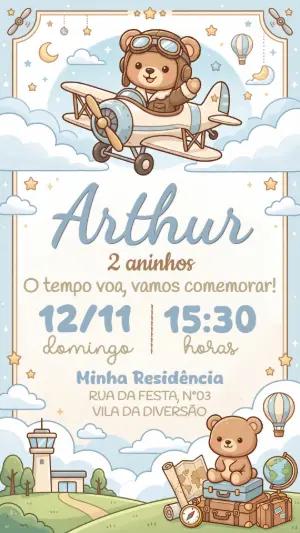 Modelo de Convite Ursinho Aviador para Aniversário Editável