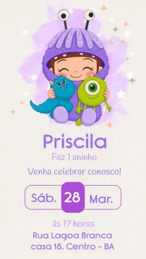 Convite Monstros SA Menina Lilás para Editar e Imprimir