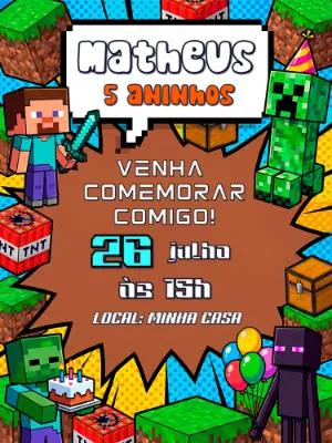 Convite de Aniversário Minecraft Editável Estilo Pixel