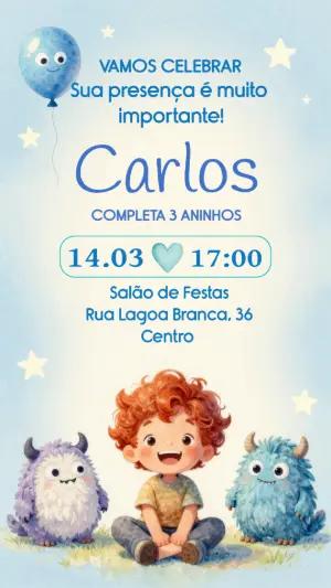 Convite de Aniversário Monstrinhos Fofos em Aquarela Editável