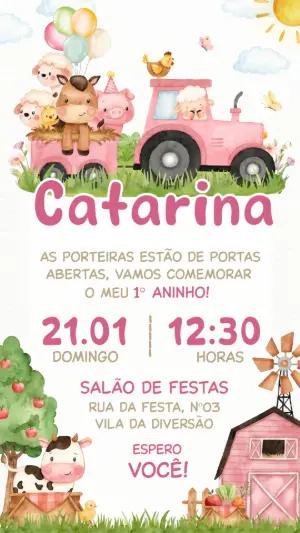 Convite de Aniversário Fazendinha Menina Aquarela Editável