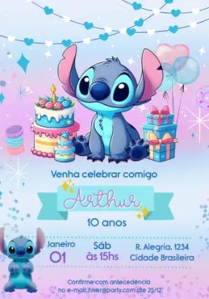 Convite de Aniversário Stitch Fofo e Colorido para Editar