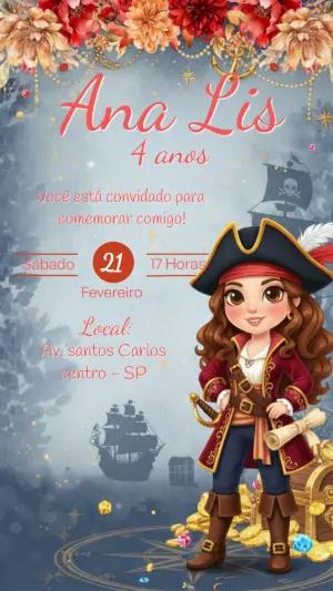 Convite de Aniversário Pirata Menina Editável