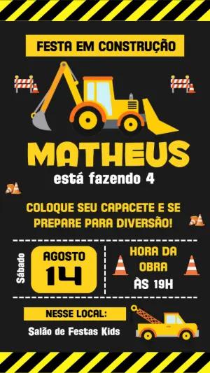 Convite de Aniversário Construção com Trator para Editar