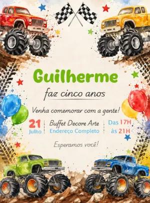 Convite de Aniversário Monster Truck Aquarela para Editar