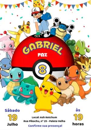Convite de Aniversário Pokémon com Personagens para Editar