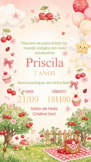 Convite de Aniversário Cerejinha Aquarela para Editar