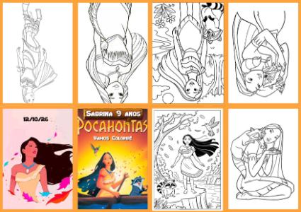 Livrinho de Colorir Pocahontas para Festa Infantil Editável
