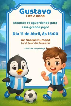 Convite Aniversário Futebol com Menino e Pinguim para Editar