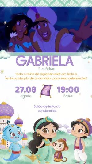 Convite Animado Aniversário Jasmine e Aladdin para Editar