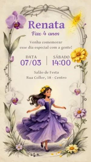 Convite Aniversário Princesa Lilás e Flores Modelo Editável