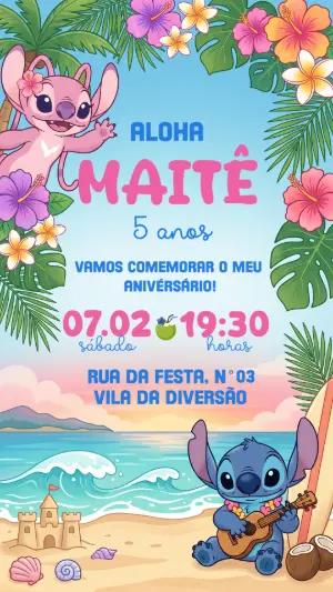 Convite de Aniversário Infantil Stitch e Angel Editável