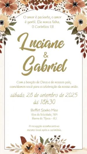 Convite de Casamento Floral Rústico em Tons Terrosos Editável