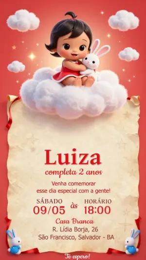 Convite de Aniversário Menina e Coelhinho Fofo para Editar