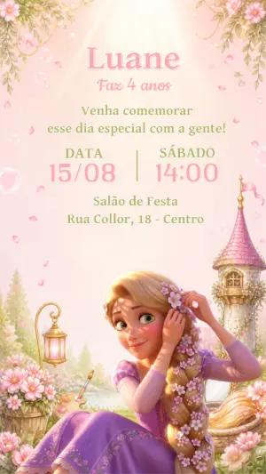Convite de Aniversário Rapunzel Editável para Festa de Menina