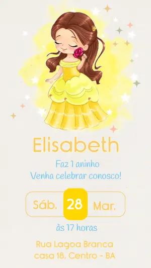 Convite Digital Princesa Bela Aniversário Infantil para Editar