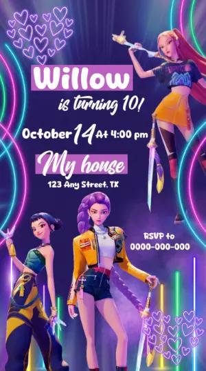K-Pop Demon Hunter Birthday Invitation | Editable Neon Template