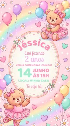 Convite de Aniversário Ursinha Bailarina Rosa Editável