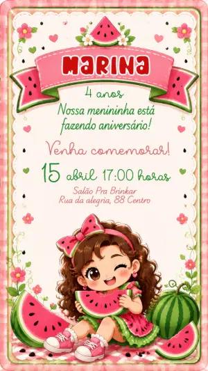 Convite de Aniversário Digital Tema Melancia para Editar