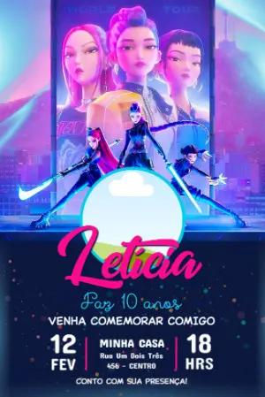 Convite de Aniversário Guerreiras K-pop Neon para Editar com Foto