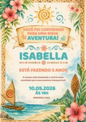 Convite de Aniversário Moana Aquarela para Editar