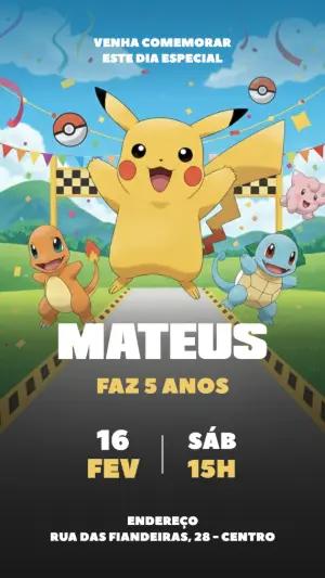 Convite de Aniversário Pokémon com Pikachu para Editar