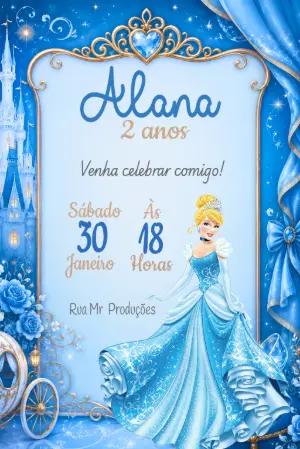 Convite de Aniversário Cinderela Azul para Editar